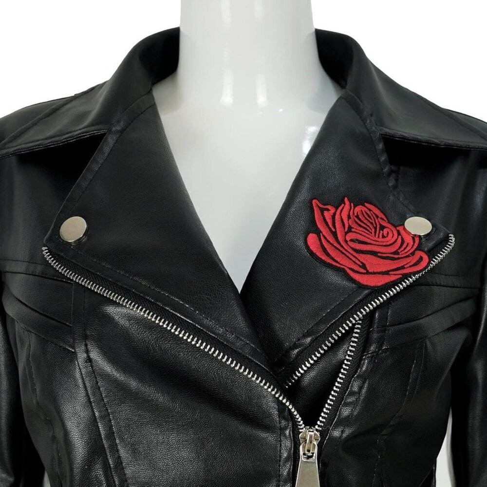 Womens Faux Leather Lace Moto Jacket Vintage Peplum Rose Riding Style Coat - Picture 4 of 6